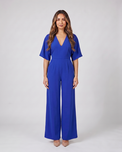 blue v neck flutter sleeve wide leg jumpsuit front view