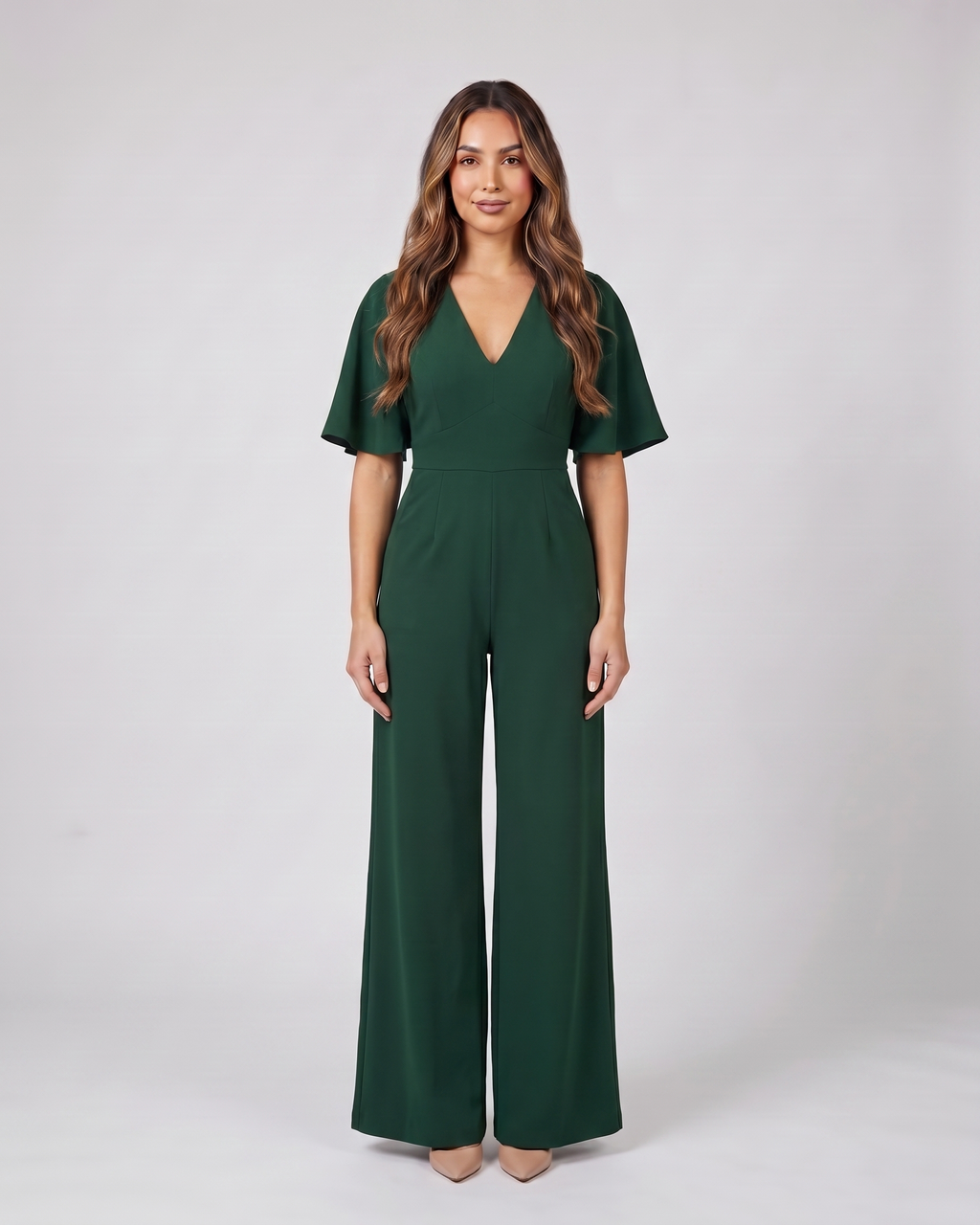 green v neck flutter sleeve wide leg jumpsuit front view