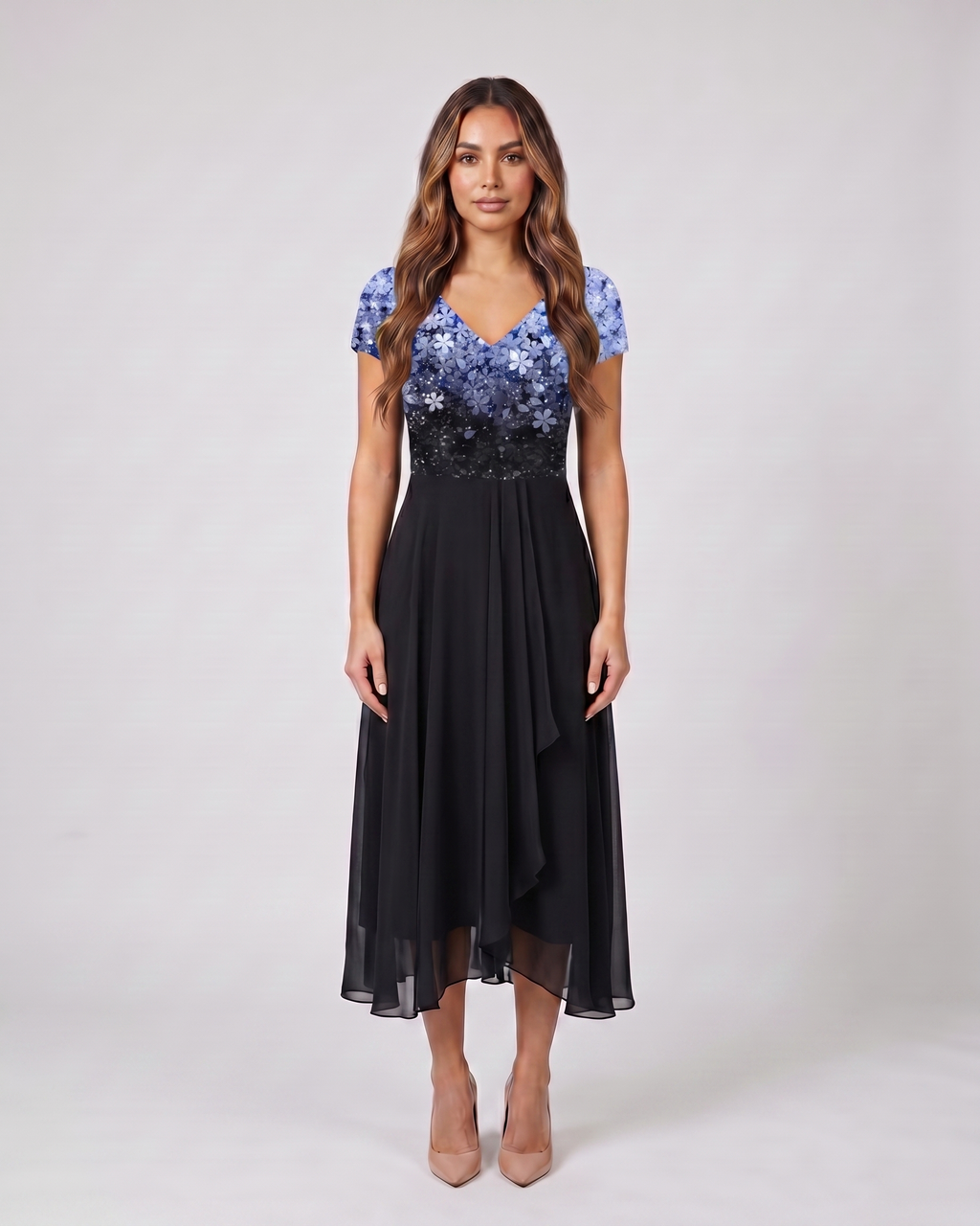blue / black v neck short sleeve ombre midi dress front view with floral sequin and scattered sequin