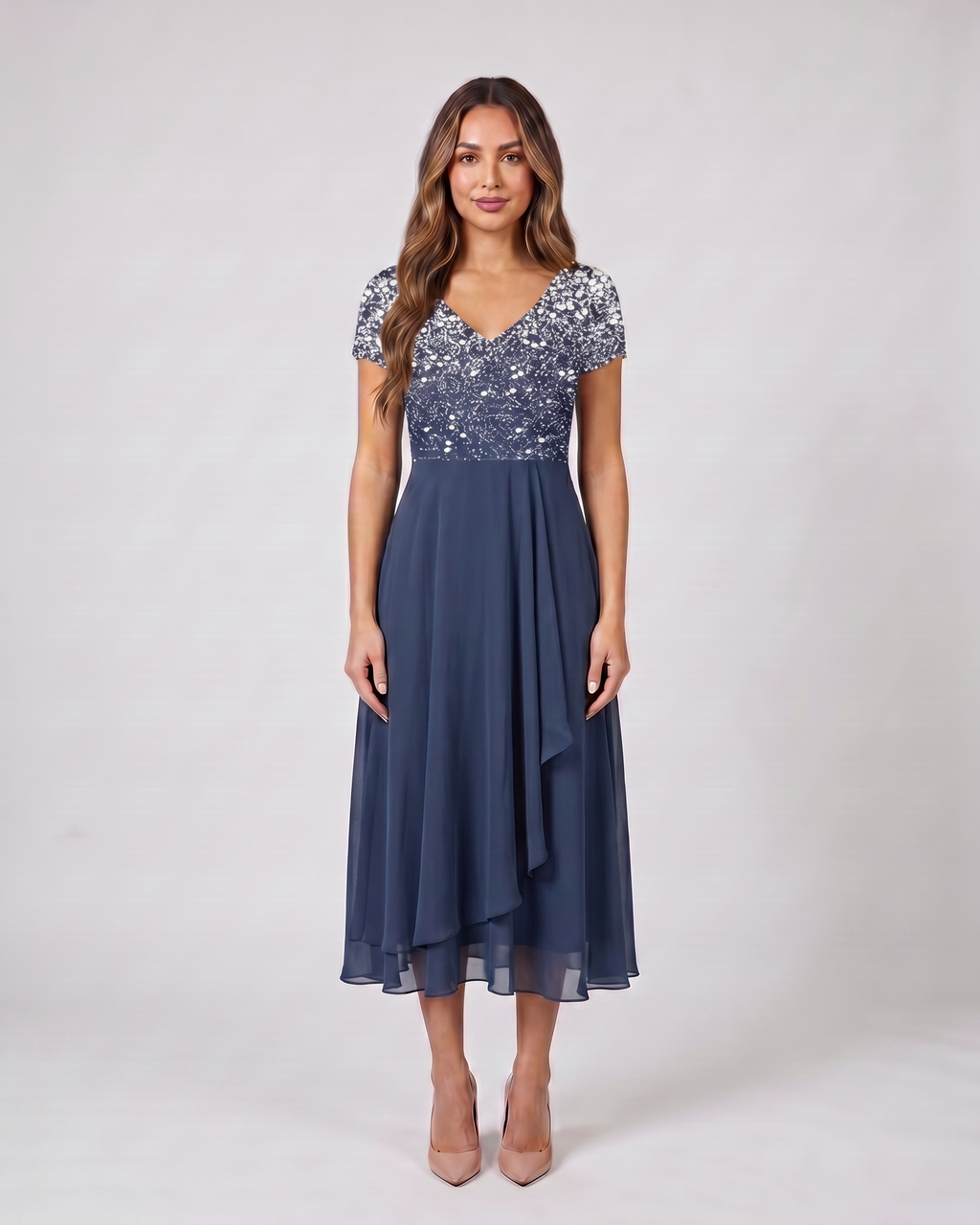 blue v neck short sleeve ombre midi dress front view with floral sequin and scattered sequin