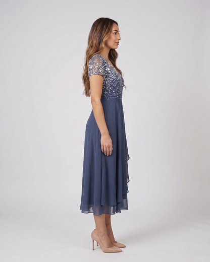 Side view of blue v neck short sleeve ombre midi dress