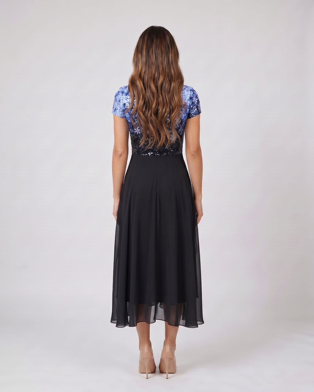 Back view of blue / black v neck short sleeve ombre midi dress showing solid back