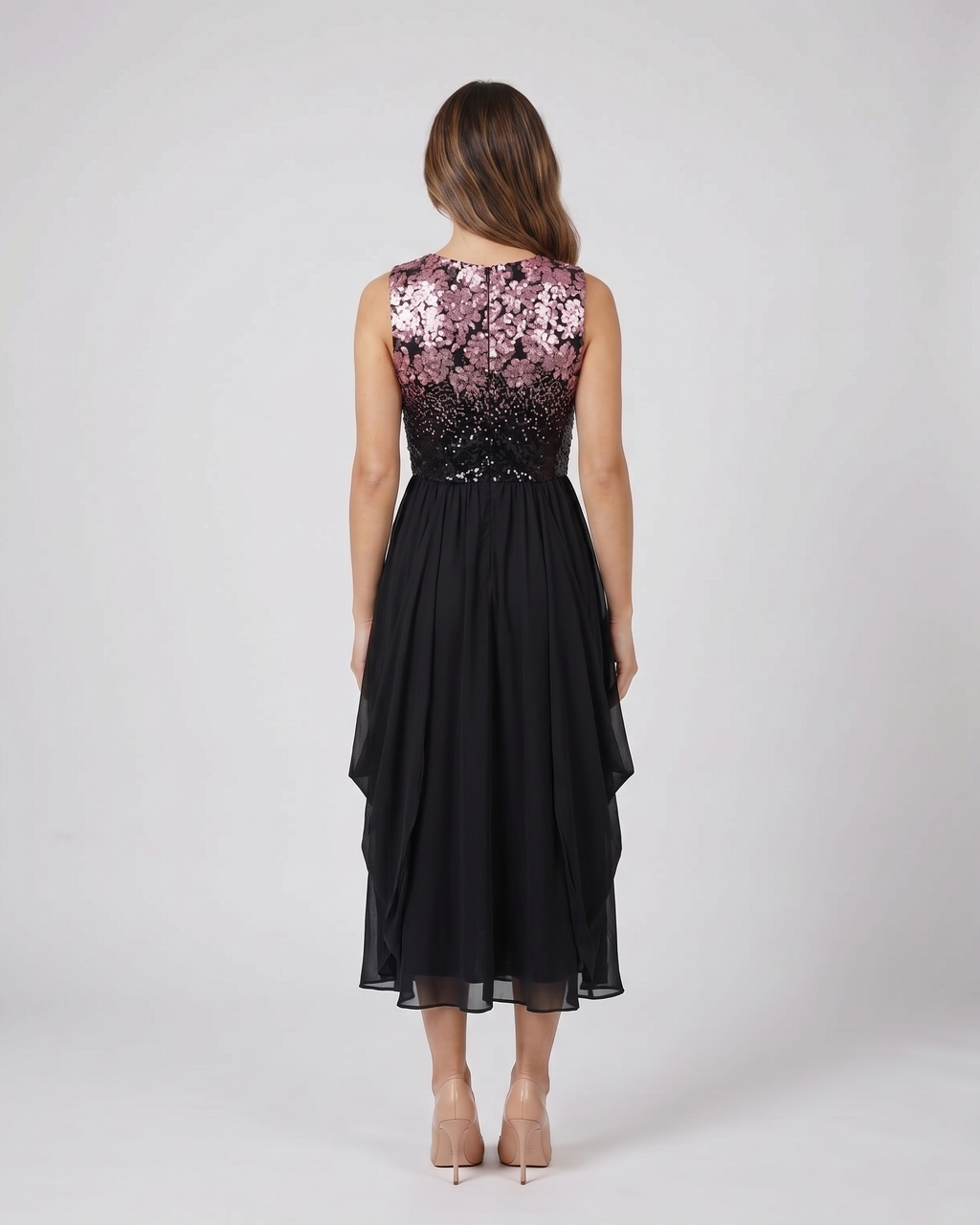 Back view of pink / black v neck short sleeve ombre midi dress showing solid back