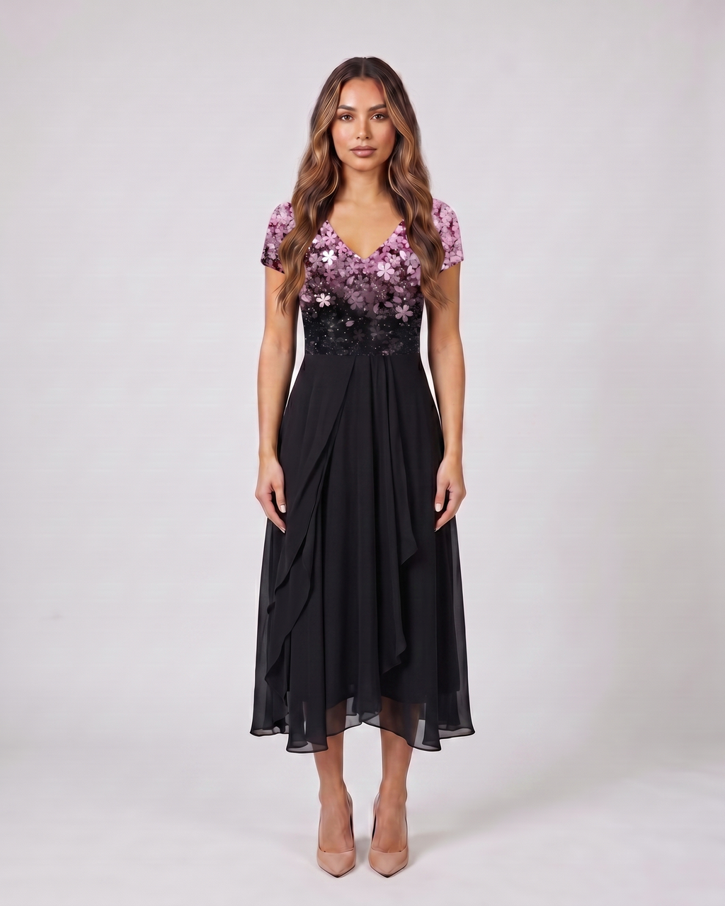black v neck short sleeve ombre midi dress front view with floral sequin and scattered sequin