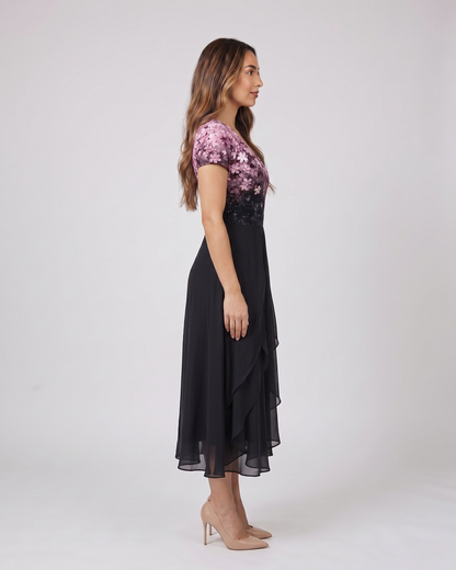 Side view of black v neck short sleeve ombre midi dress