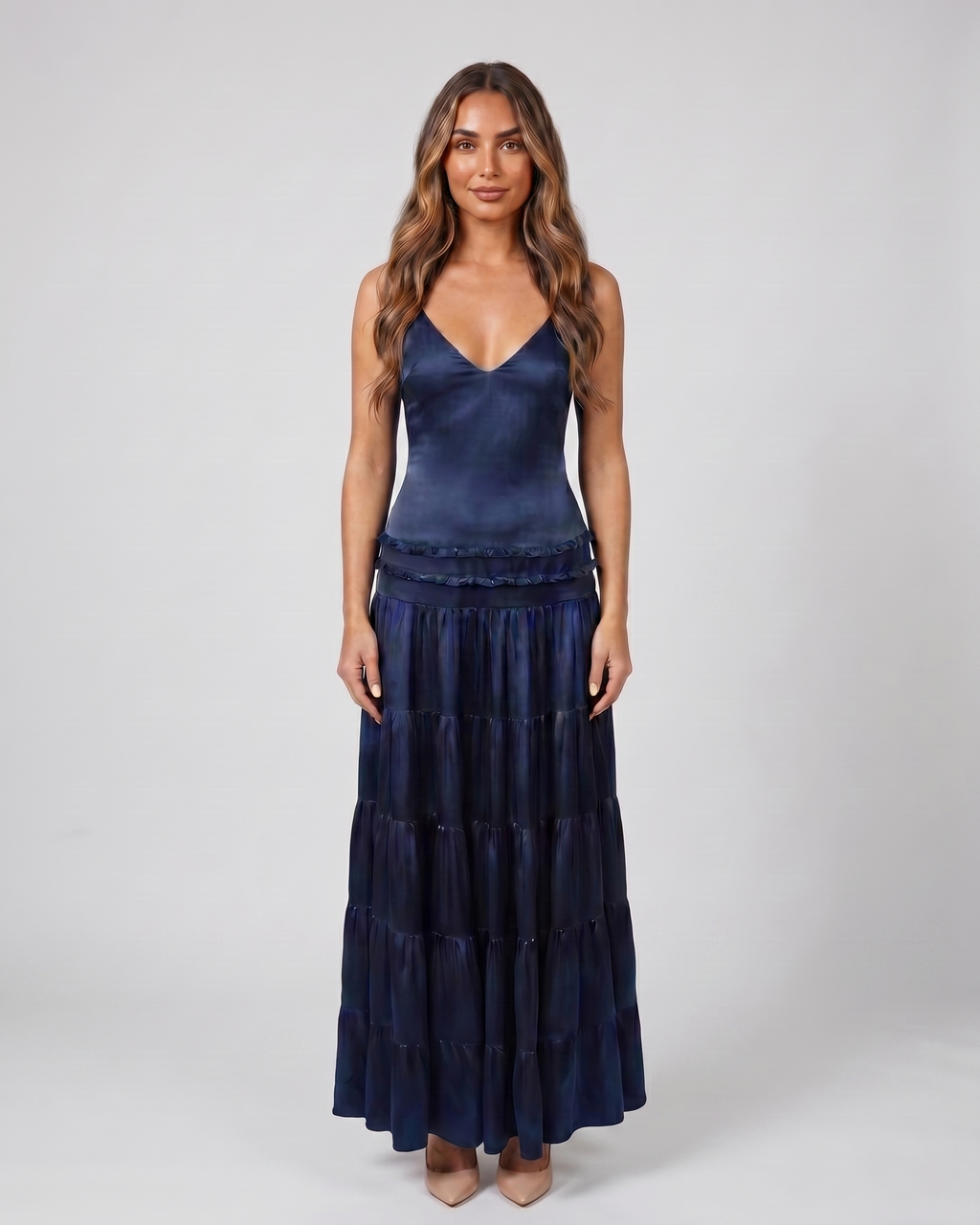 blue v neck spaghetti strap open back tiered maxi dress front view