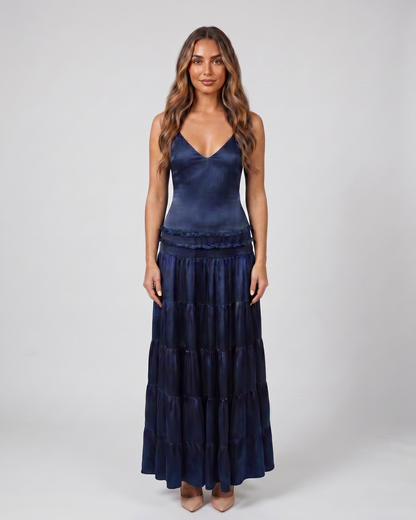 blue v neck spaghetti strap open back tiered maxi dress front view