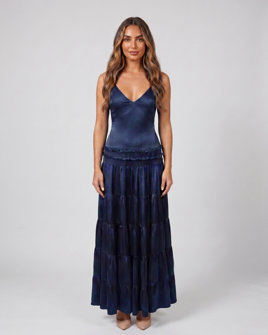 blue v neck spaghetti strap open back tiered maxi dress front view