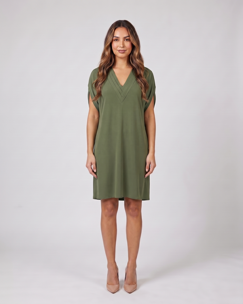 green v neck split sleeve mini dress front view