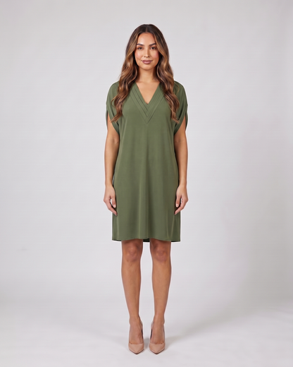 green v neck split sleeve mini dress front view