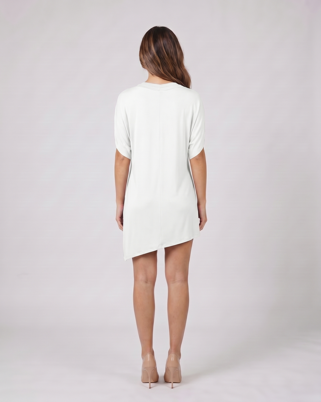 Back view of white v neck split sleeve mini dress showing solid back