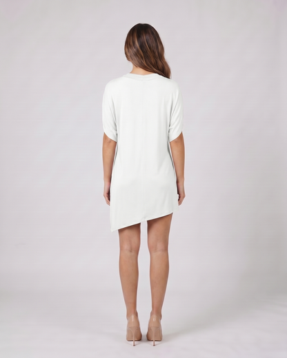 Back view of white v neck split sleeve mini dress showing solid back