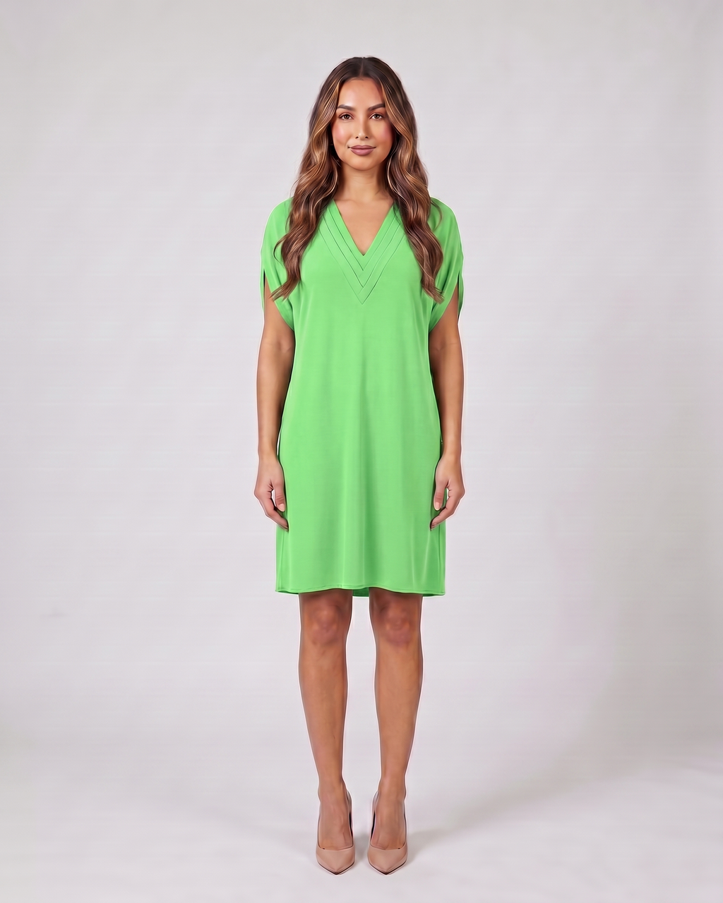 light green v neck split sleeve mini dress front view