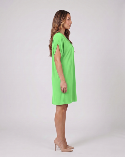 Side view of light green v neck split sleeve mini dress