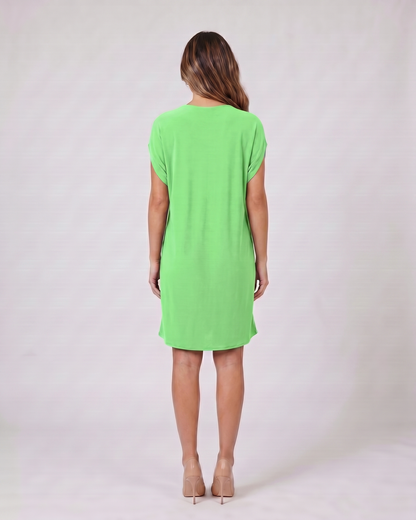 Back view of light green v neck split sleeve mini dress showing solid back