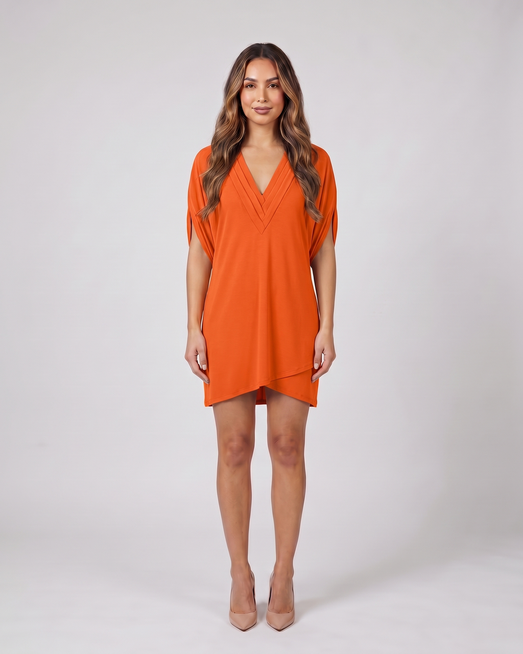 orange v neck split sleeve mini dress front view