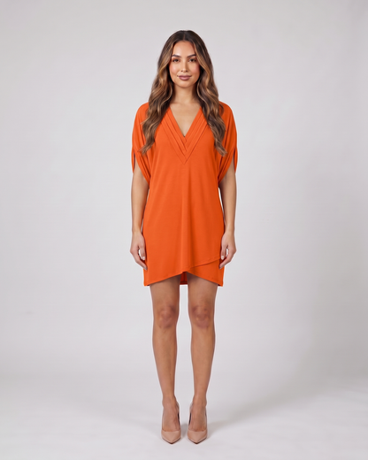orange v neck split sleeve mini dress front view