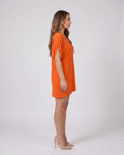 Side view of orange v neck split sleeve mini dress
