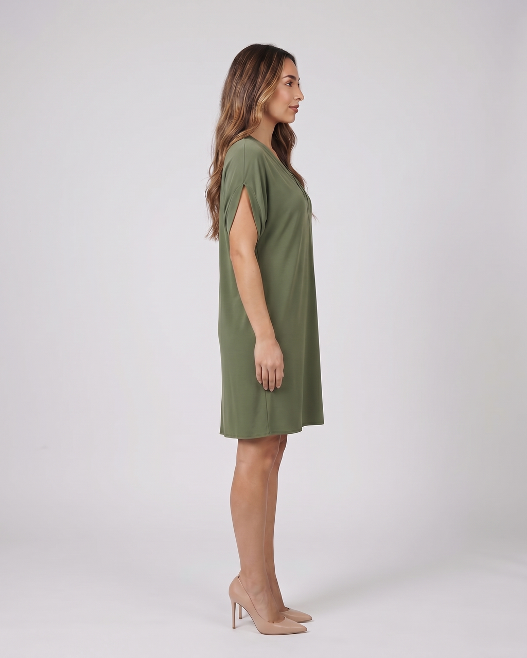 Side view of green v neck split sleeve mini dress