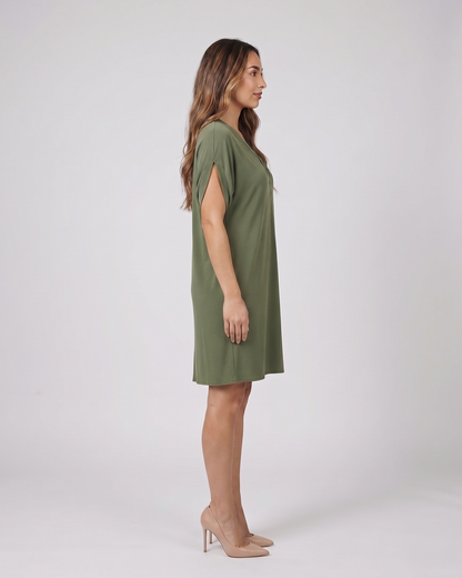 Side view of green v neck split sleeve mini dress