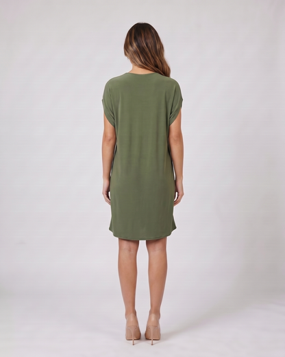 Back view of green v neck split sleeve mini dress showing solid back