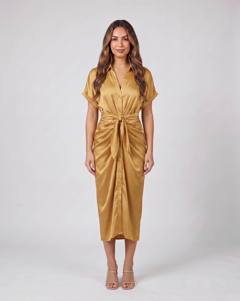 gold wedding guest collared v neck midi dress front view
