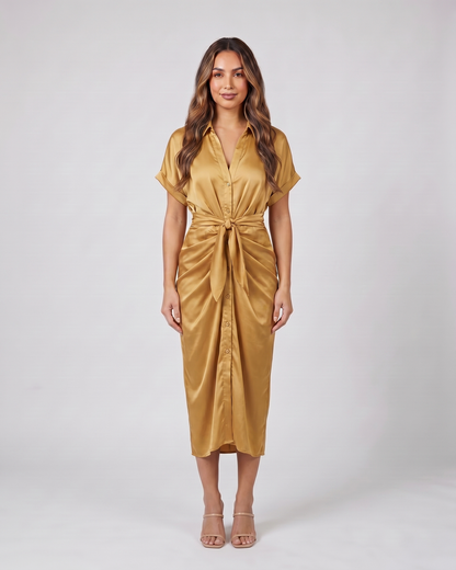 gold wedding guest collared v neck midi dress front view