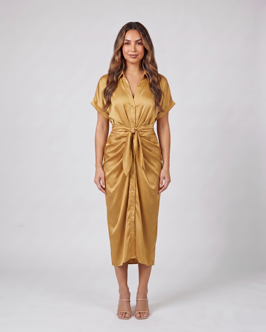 gold wedding guest collared v neck midi dress front view