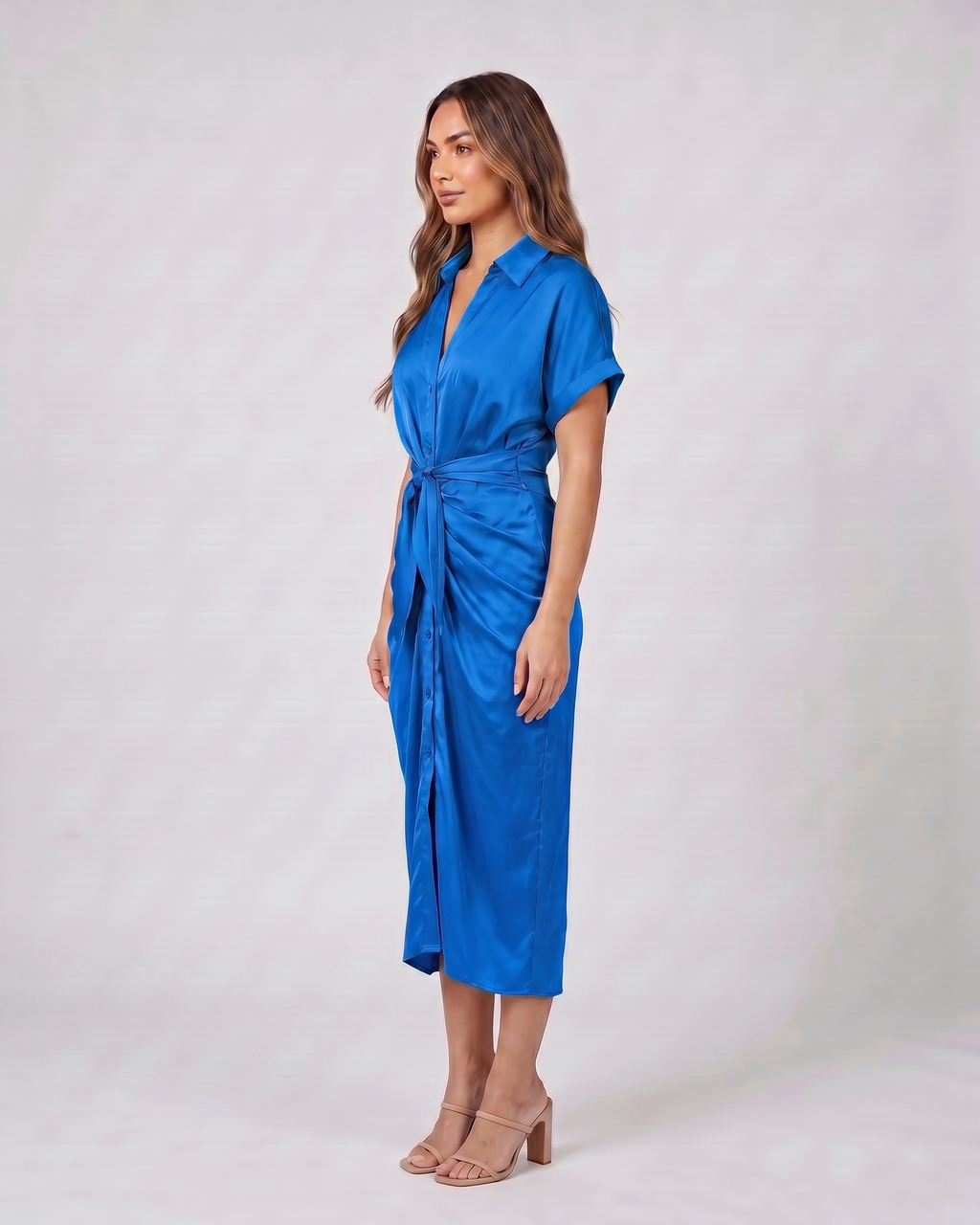 Side view of blue wedding guest collared v neck midi dress