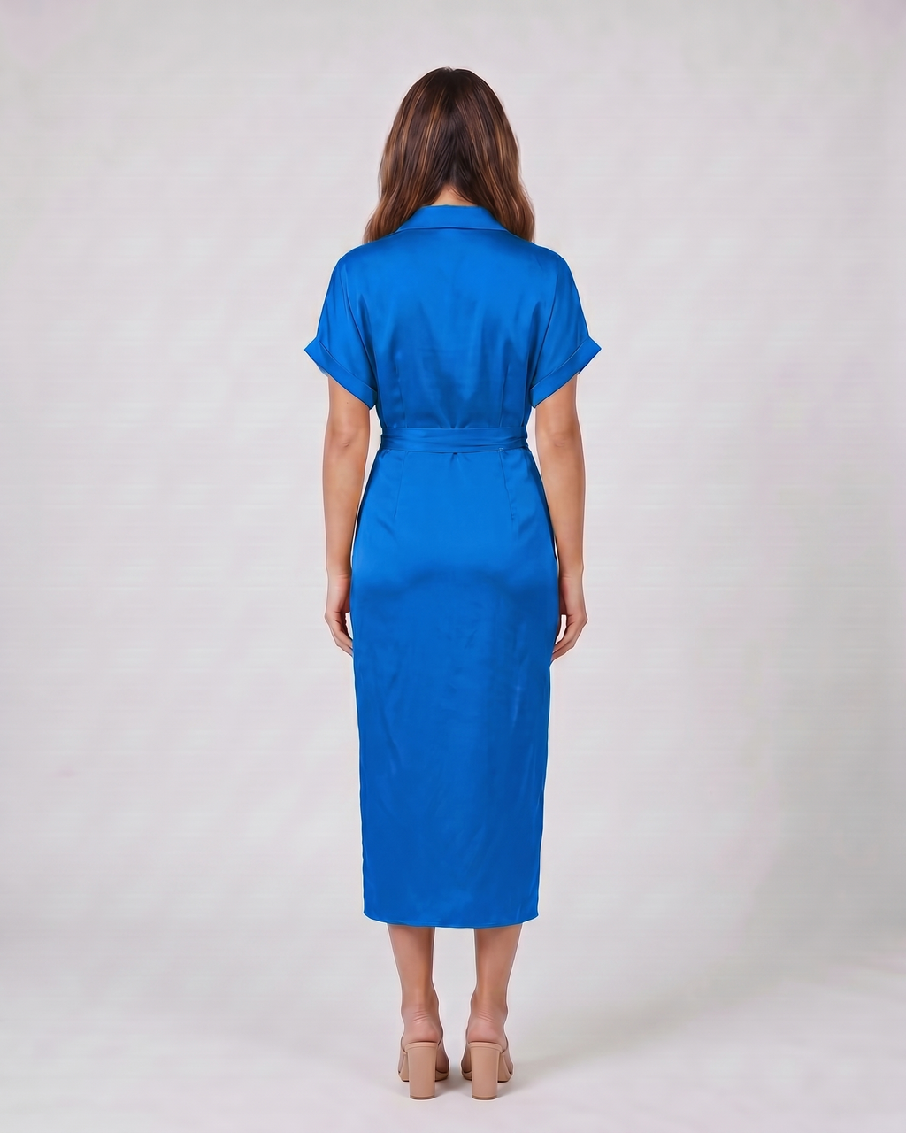 Back view of blue wedding guest collared v neck midi dress showing solid back