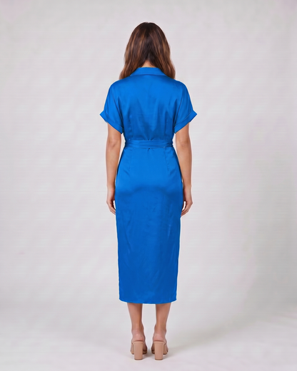 Back view of blue wedding guest collared v neck midi dress showing solid back