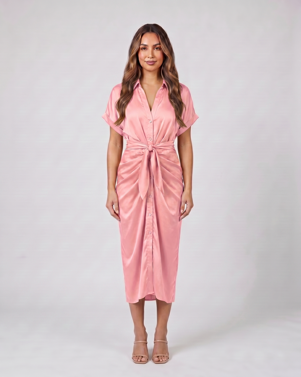 pink wedding guest collared v neck midi dress front view