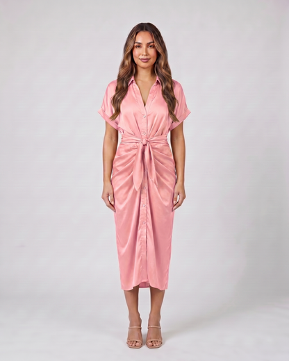 pink wedding guest collared v neck midi dress front view