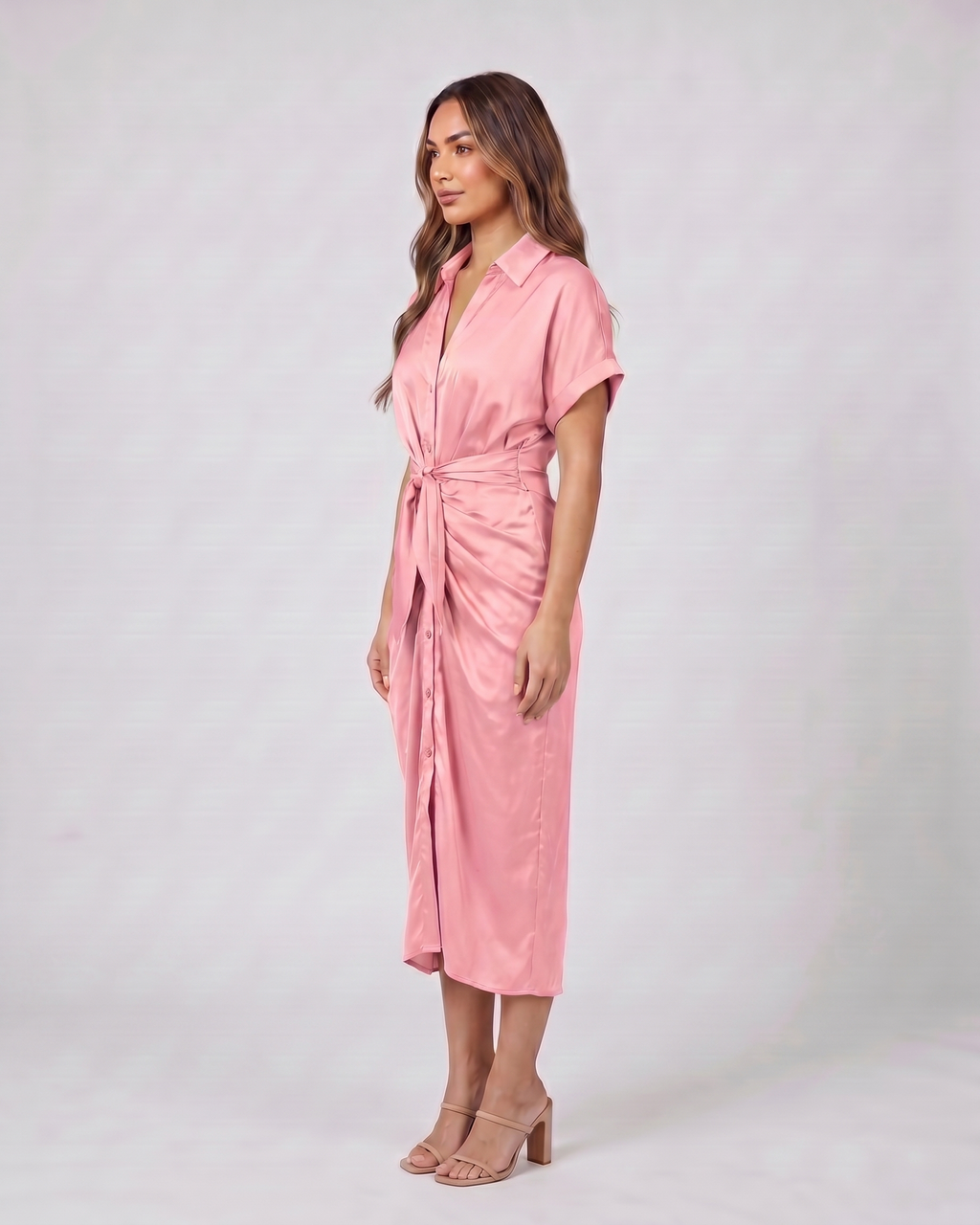 Side view of pink wedding guest collared v neck midi dress