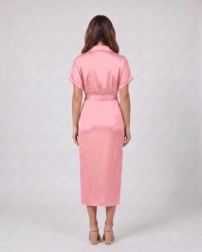 Back view of pink wedding guest collared v neck midi dress showing solid back