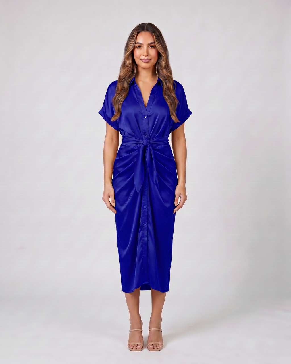dark blue wedding guest collared v neck midi dress front view