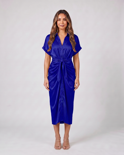 dark blue wedding guest collared v neck midi dress front view