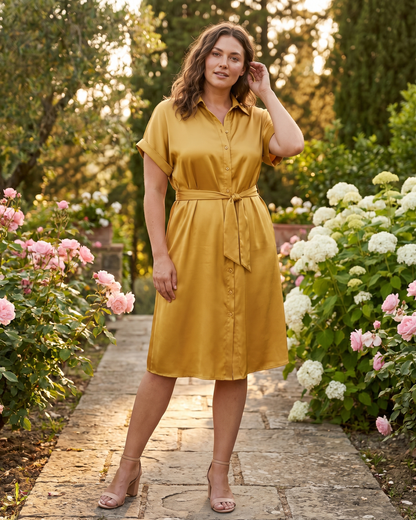 Model in gold wedding guest collared v neck midi dress in tuscan setting