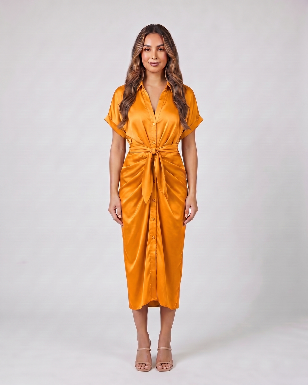 orange wedding guest collared v neck midi dress front view