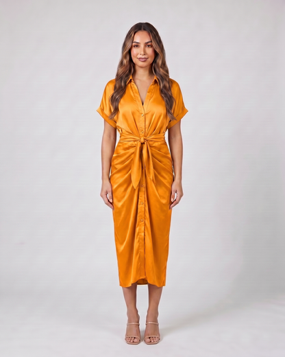 orange wedding guest collared v neck midi dress front view