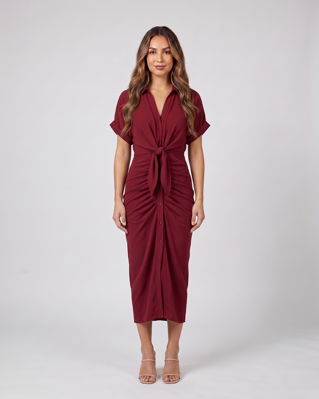 red wedding guest collared v neck midi dress front view