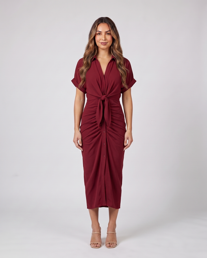 red wedding guest collared v neck midi dress front view