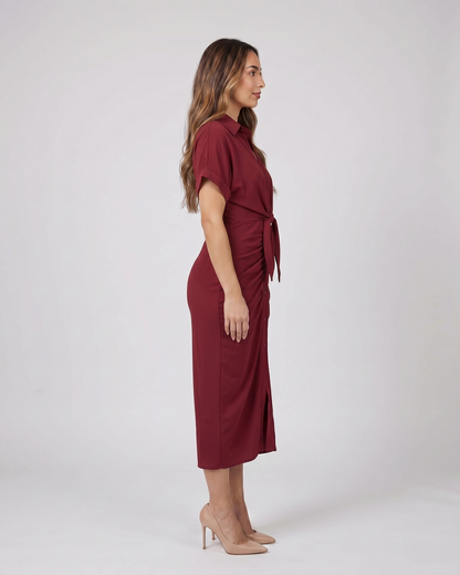 Side view of red wedding guest collared v neck midi dress