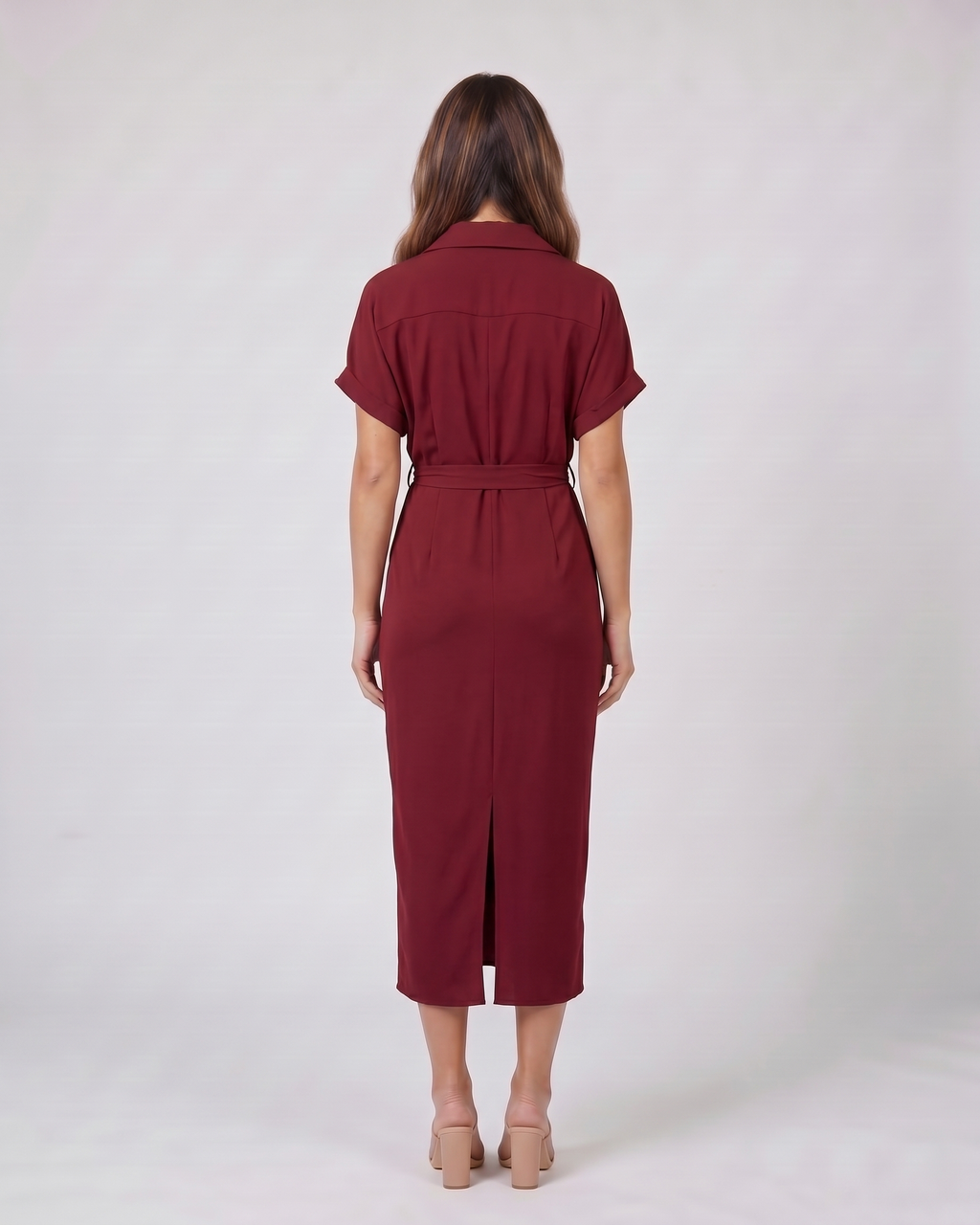 Back view of red wedding guest collared v neck midi dress showing solid back