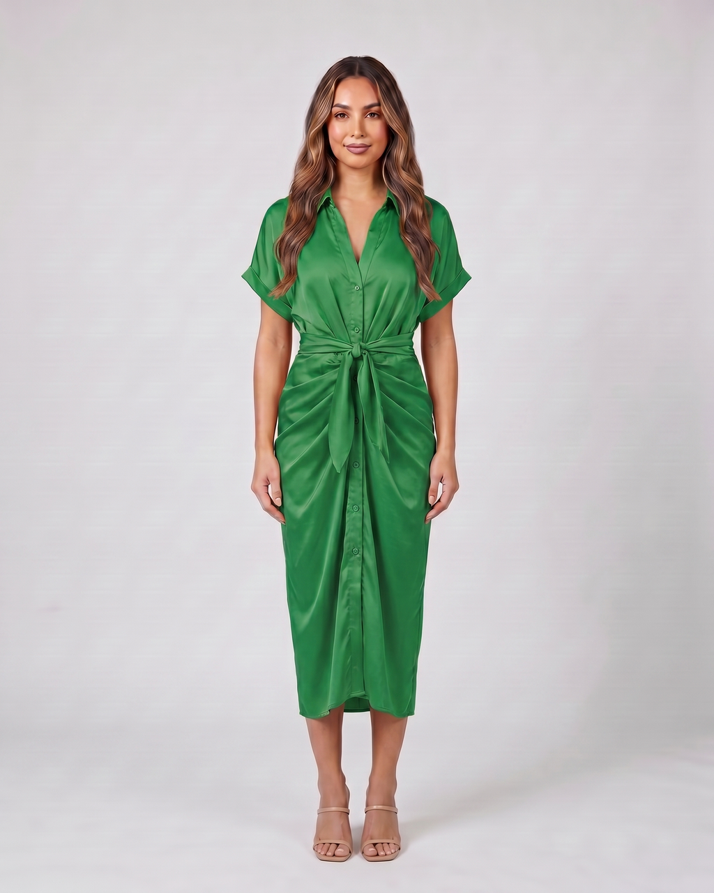 green wedding guest collared v neck midi dress front view