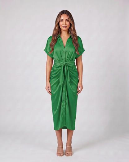 green wedding guest collared v neck midi dress front view