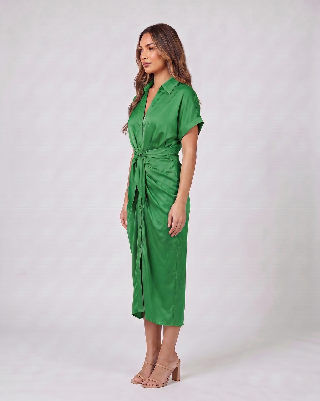 Side view of green wedding guest collared v neck midi dress