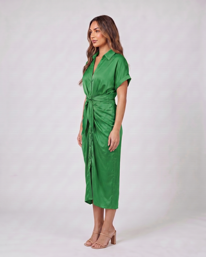 Side view of green wedding guest collared v neck midi dress