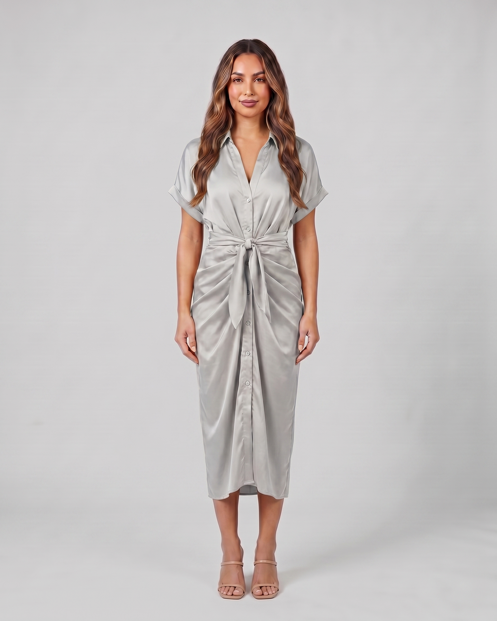 light gray wedding guest collared v neck midi dress front view