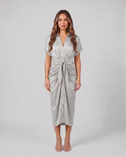 light gray wedding guest collared v neck midi dress front view